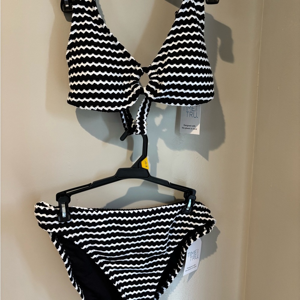 Time and True NWT Black and White Striped Textured Bikini Bottom and Top